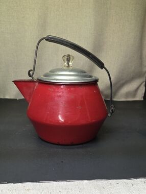 Vintage Red Art Deco Enamel Tea Kettle Pot Retro Teapot With Handle